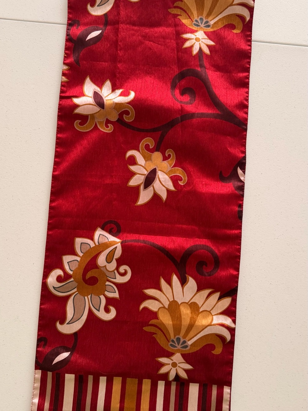 Pier 1 Red Floral Polyester Satin finish Table Runner w/ Gold Accents